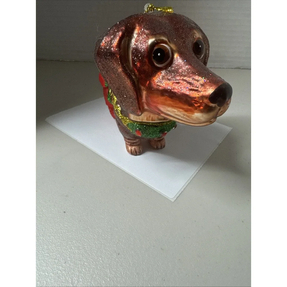 Robert Stanley Vintage Christmas Blown Glass Ornament Brown Dog W Red Tutu